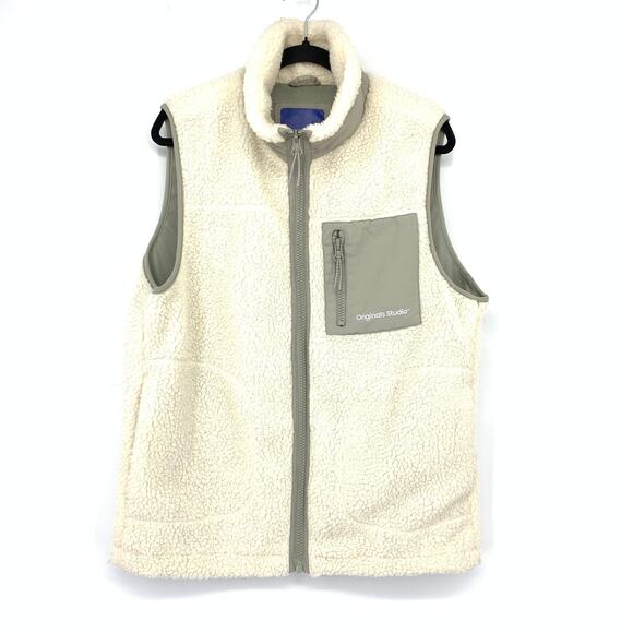 Jack & Jones Originals Studio Sherpa Full Zip Vest Mens Size Medium Cream Gray - Picture 1 of 7